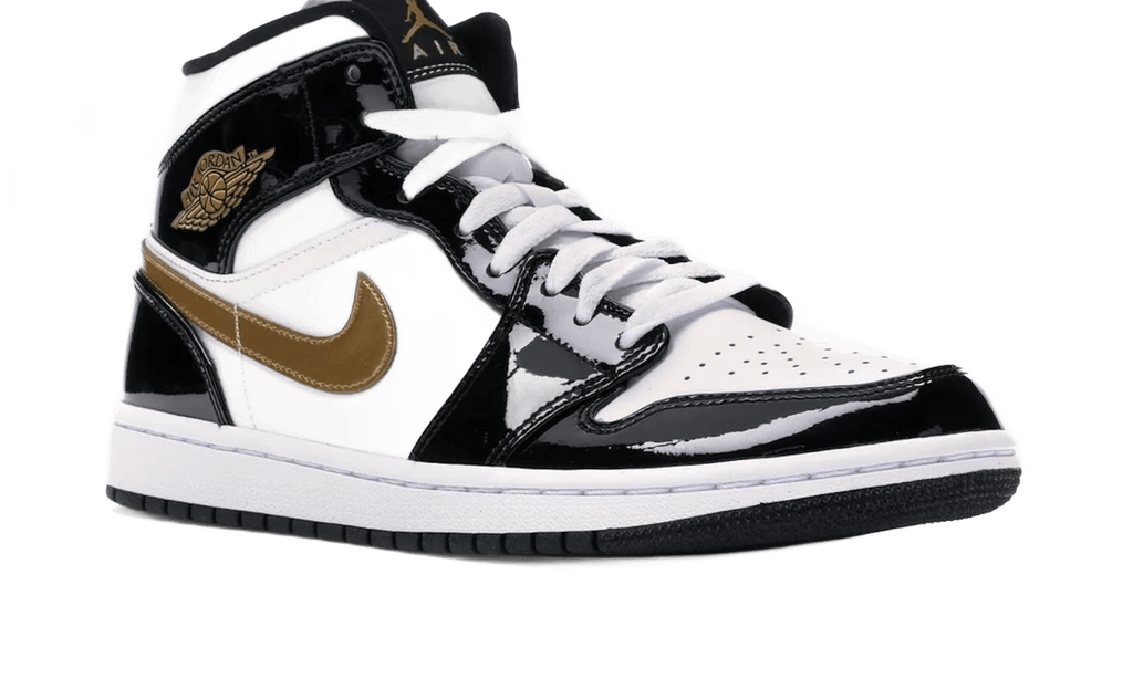 Air Jordan 1 Mid Patent Black White Gold - 852542-007